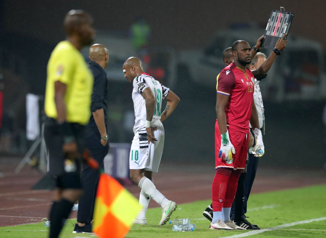 A dejected Ayew departs as Ahamada replaces the injured Ben Boina.