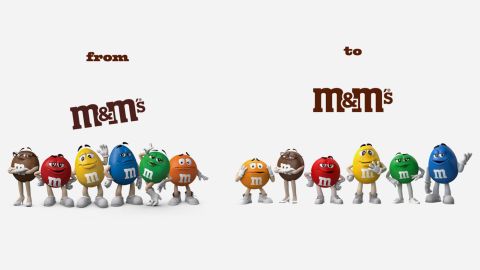 M&Ms old logo and characters are shown on the left, and the new versions on the right. Changes include new footwear for the six characters and a straightened-out logo emphasizing the ampersand. 
