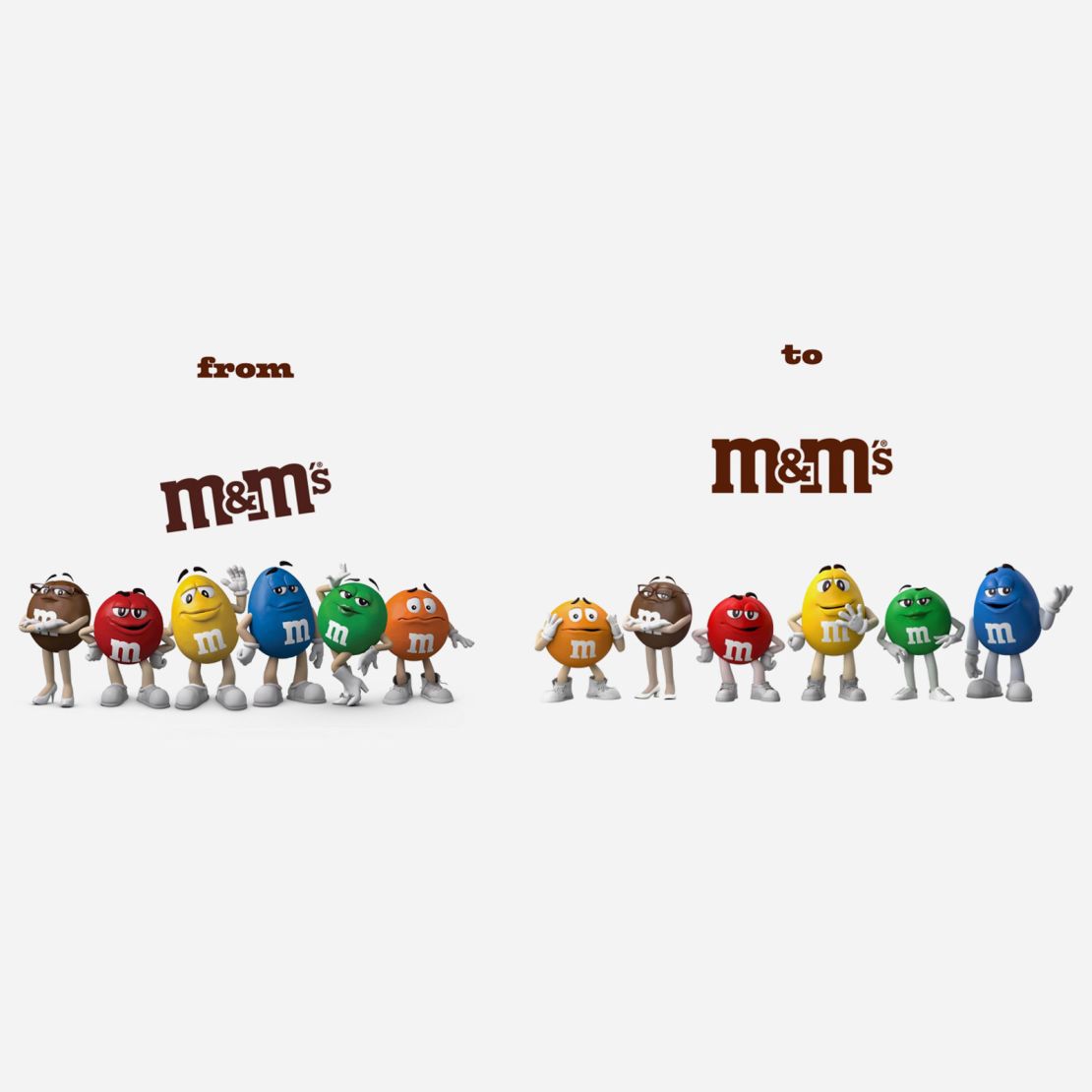 M&Ms old logo and characters are shown on the left, and the new versions on the right. Changes include new footwear for the six characters and a straightened-out logo emphasizing the ampersand. 