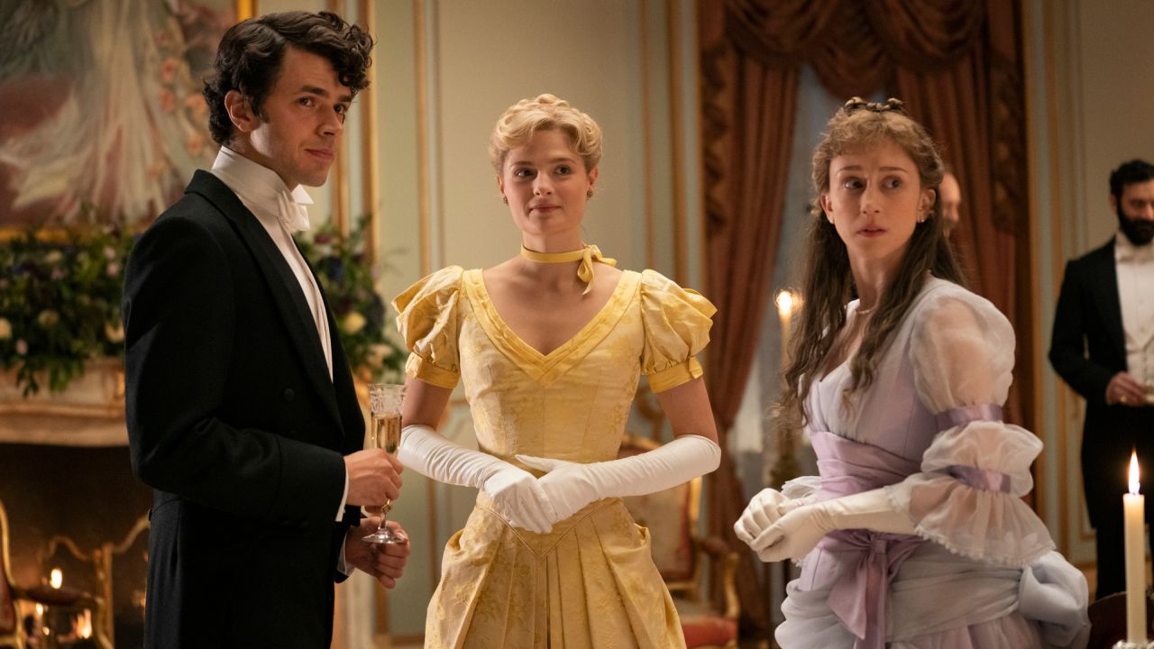 (From left) Harry Richardson as Larry Russell, Louisa Jacobson as Marian Brook, and Taissa Farmiga as Gladys Russell star in HBO's "The Gilded Age."