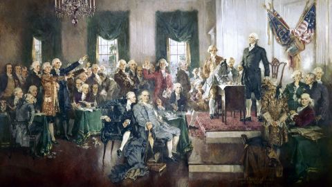 This oil painting by Howard Chandler Christy depicts the signing of the Constitution of the United States in 1787. The painting  hangs in the US Capitol. 