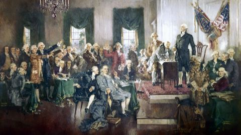 This oil painting by Howard Chandler Christy depicts the signing of the Constitution of the United States in 1787. The painting hangs in the US Capitol.