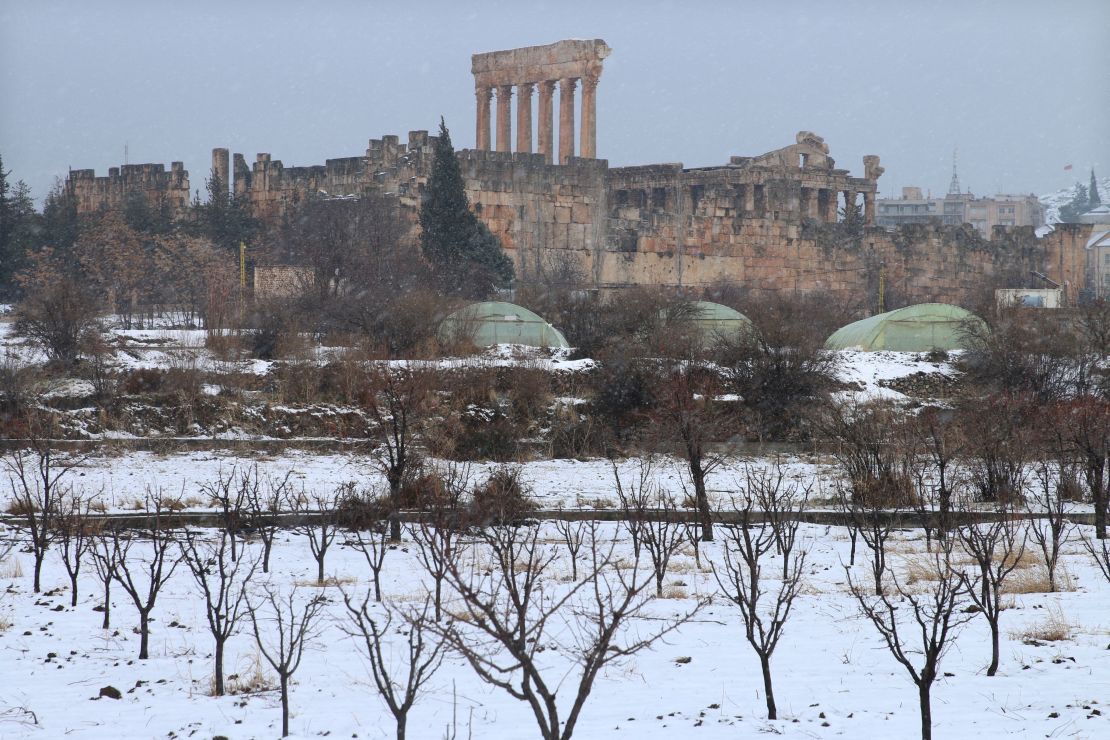 Snow covers the Roman Temple of Jupiter in Lebanon's eastern Bekaa Valley, on Wednesday.