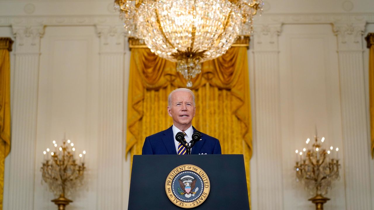 President Joe Biden speaks during a news conference in the East Room of the White House, Wednesday, January 19, 2022. 