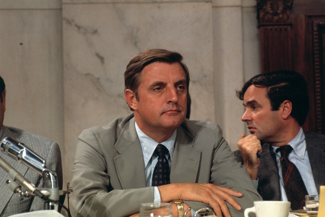 Sen. Walter Mondale during a session of the Senate Intelligence Committee in 1975