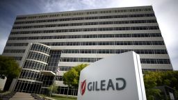 A sign is posted in front of the Gilead Sciences headquarters on April 29, 2020 in Foster City, California. 
