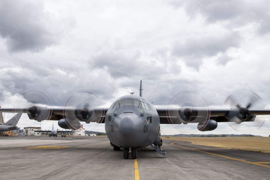 A Royal New Zealand Air Force C-130 Hercules prepares to leaves an airbase in Auckland, carrying aid to Tonga, on January 20, 2022.