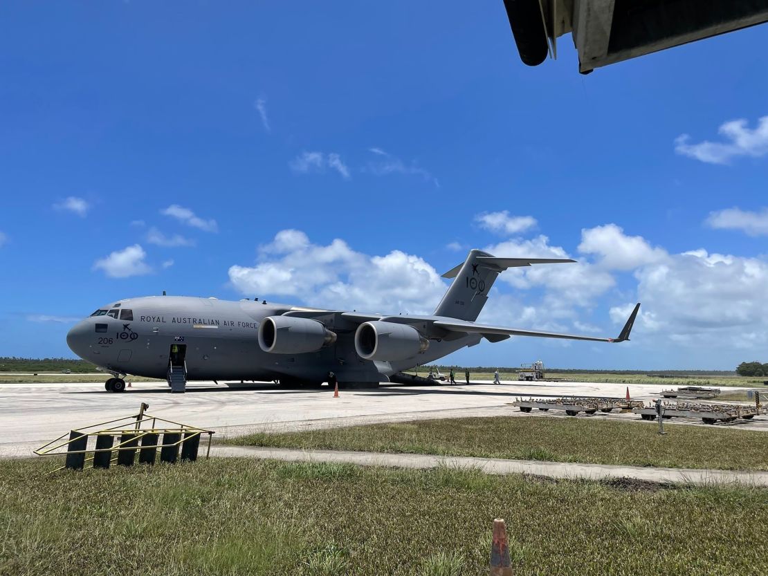 A Royal Australian Air Force C-17A Globemaster III aircraft delivers the first load of Australian aid to Tonga on January 20, 2022.