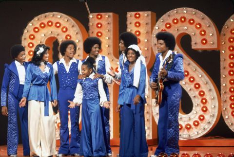 The Jackson family films a television show at Burbank Studios in California on November 13, 1976.  From left to right are Randy, La Toya, Marlon, Janet, Michael, Jackie, Rebbie and Tito. 