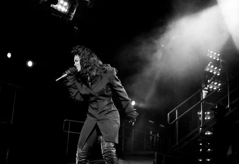 Janet Jackson performs during her "Rhythm Nation World Tour" on March 10, 1990, at the Cincinnati Coliseum in Ohio.