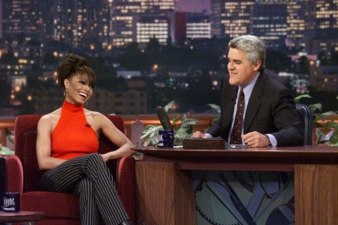 Jay Leno, host of "The Tonight Show," chats with Janet Jackson on April 26, 2001.