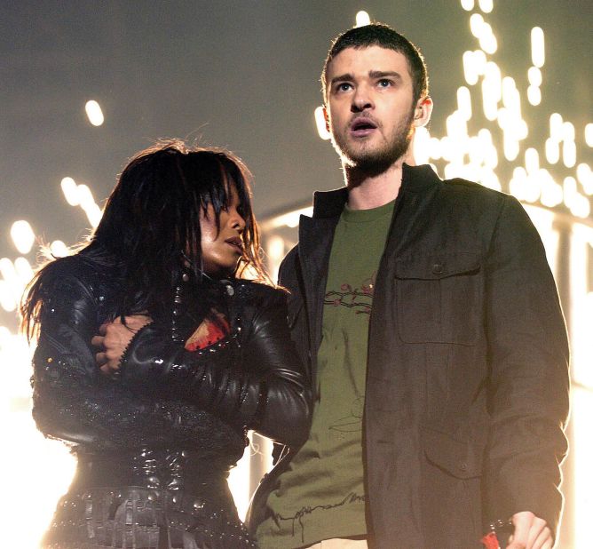 Janet Jackson performs with Justin Timberlake during halftime of Super Bowl XXXVIII at Reliant Stadium in Houston on February 1, 2004.
