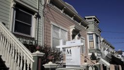 A real estate sign is shown in front of a home for sale in San Francisco in February 2020.