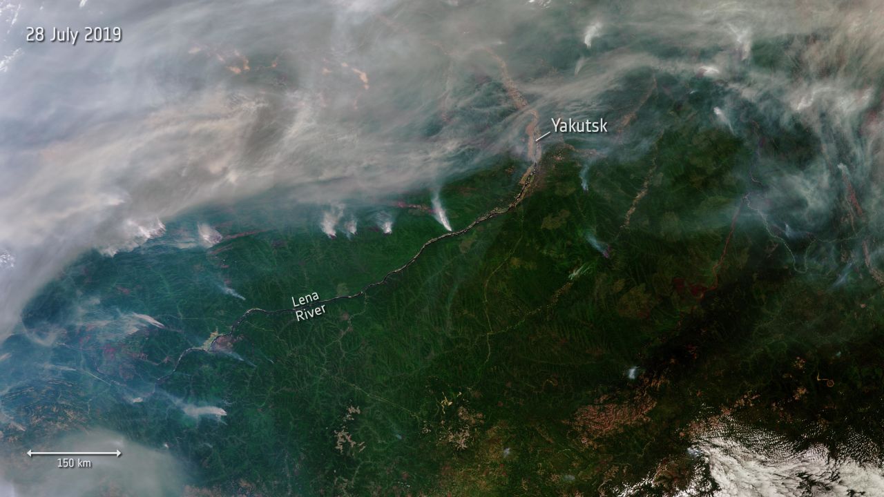This image from a Copernicus Sentinel-3 satellite shows plumes of smoke from a number of wildfires. Hundreds of wildfires broke out in Siberia in July 2019, caused by record-breaking temperatures and lightning, and affecting millions of hectares of land, according to the European Space Agency. Wildfires release pollutants and greenhouse gases into the atmosphere.