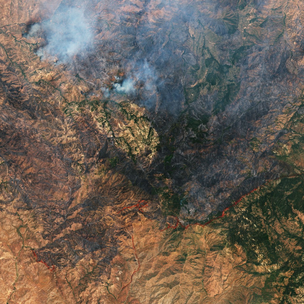 This image from a Copernicus Sentinel-2 satellite, from June 24, 2019, shows wildfires east of Phoenix, Arizona. It also shows the red lines of flame retardant sprayed from aircraft and colored red so firefighters can see it. The climate crisis is <a href="https://edition.cnn.com/2020/08/24/weather/california-wildfires-climate-change/index.html" target="_blank">promoting wildfires throughout the western US</a>.  <br />