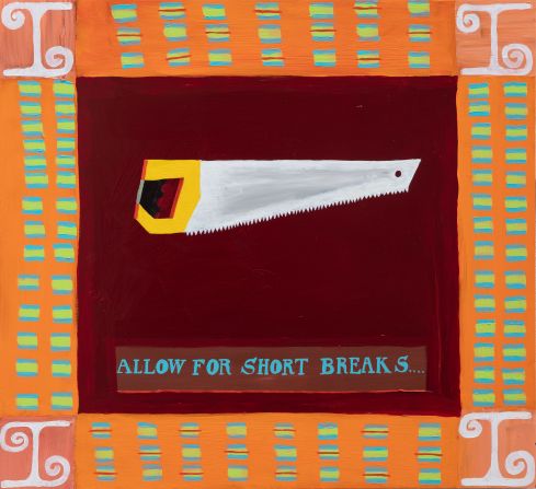 ''My father used to buy a whole set of kangas for my grandmother and her friends to go to weddings,'' recalled Himid. "Little traces of my background kind of keep me comfortable ... I like to talk about them and make work using them.''  - <em>Lubaina Himid - "Metal Handkerchief - Saw/Flag" (2019)</em>