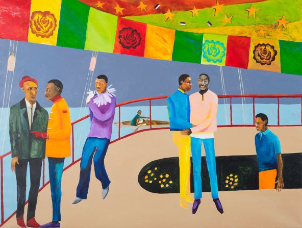  An exhibition at London's Tate Modern is exploring the work of Lubaina Himid, who in 2017 became the first Black woman to win the UK's prestigious Turner Prize. In the series of paintings called "Le Rodeur," Himid depicts abstractly how the horrors aboard a French slave ship in the 19th Century "still reverberate'' to this day.  - <em>Lubaina Himid - "Ball on Shipboard" (2018)</em>
