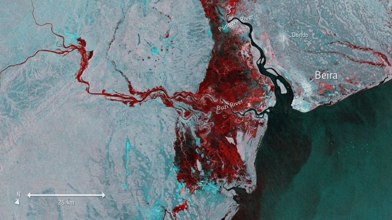This image from Copernicus Sentinel-1 shows flooding in Mozambique, on March 19 2019, following Cyclone Idai. Flooding is shown in red, around the port town of Beira. <a href="index.php?page=&url=https%3A%2F%2Fedition.cnn.com%2F2019%2F09%2F03%2Fweather%2Fclimate-change-effects-on-hurricanes%2Findex.html" target="_blank">Warmer oceans</a> due to climate change are causing higher storm surges, increased rainfall and rising storm intensity.<br />