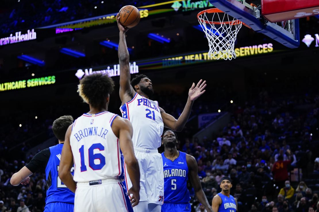 Embiid goes up for a dunk during the first half.