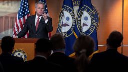 House Minority Leader Kevin McCarthy speaks during his weekly press conference on Capitol Hill in Washington, DC on November 18, 2021. 