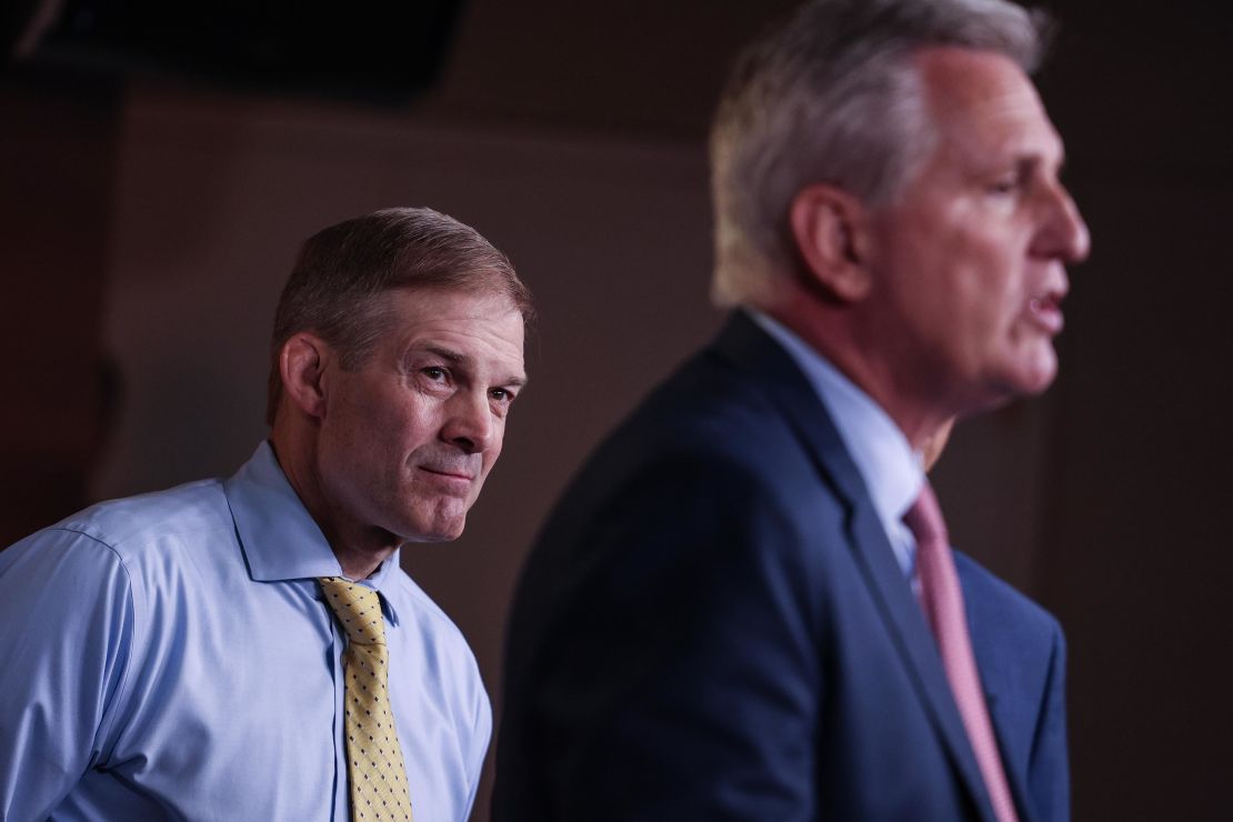 Rep. Jim Jordan listens as House Minority Leader Kevin McCarthy speaks at a news conference in July 2021 in Washington, DC. 