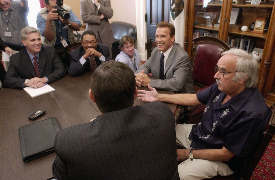 Then Republican Assembly Leader-elect Kevin McCarthy and then California Gov.-elect Arnold Schwarzenegger (center) meet with legislative leaders in the Capitol office of Senate Republican leader Jim Brulte (foreground) in October 2003 in Sacramento, California. 