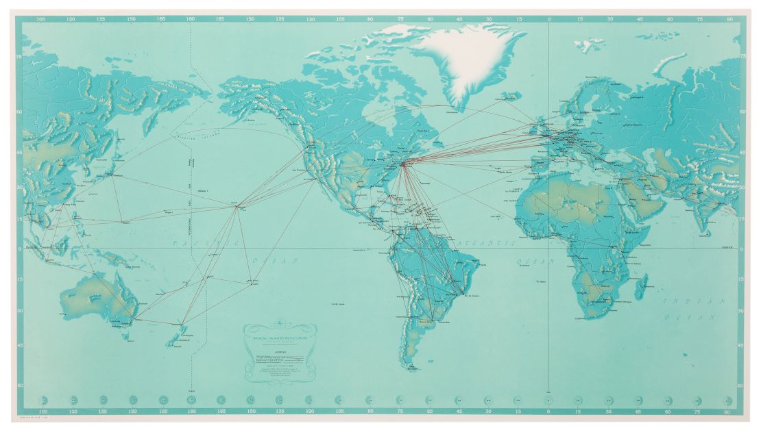 "Pan American" physical map with red lines tracing the airline's international routes, cartography by John Brown for Pan Am, 1968. 