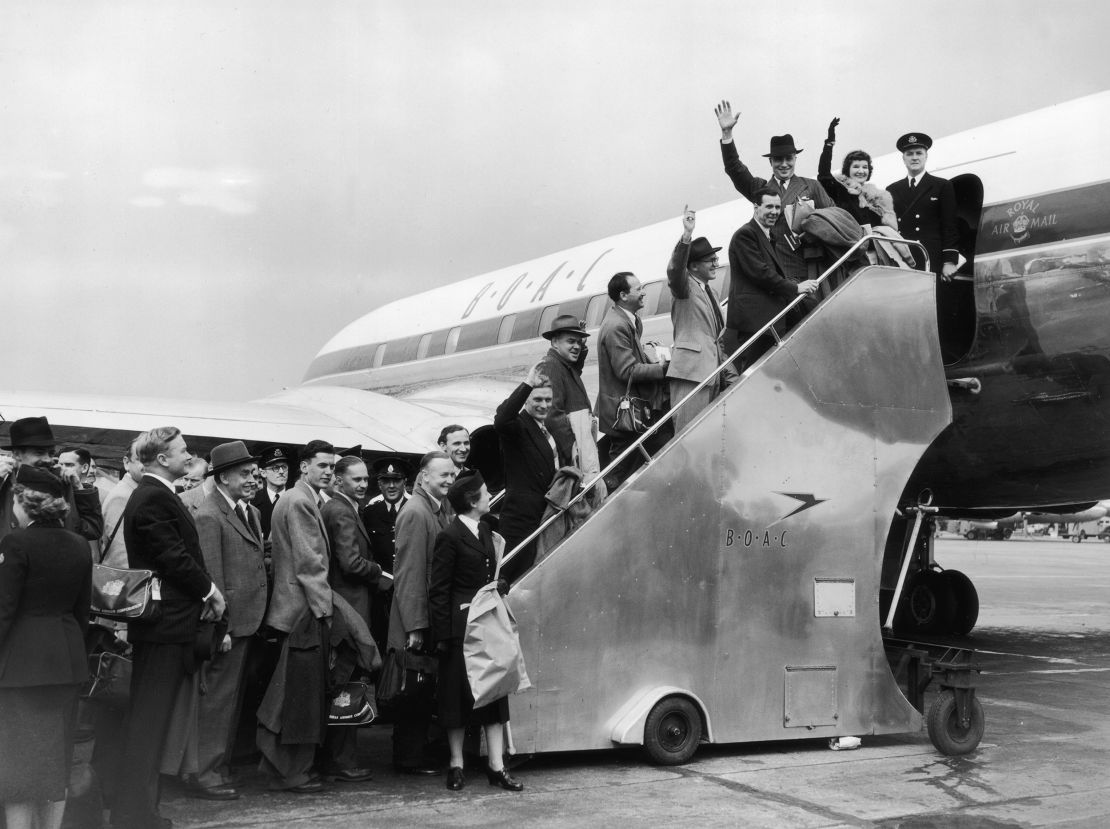 May 2, 1952: Passengers bound for Johannesburg board a British Overseas Airways Corporation (BOAC) De Havilland Comet jet airliner at London Airport on the inaugural flight of the first regular jet service in the world. 