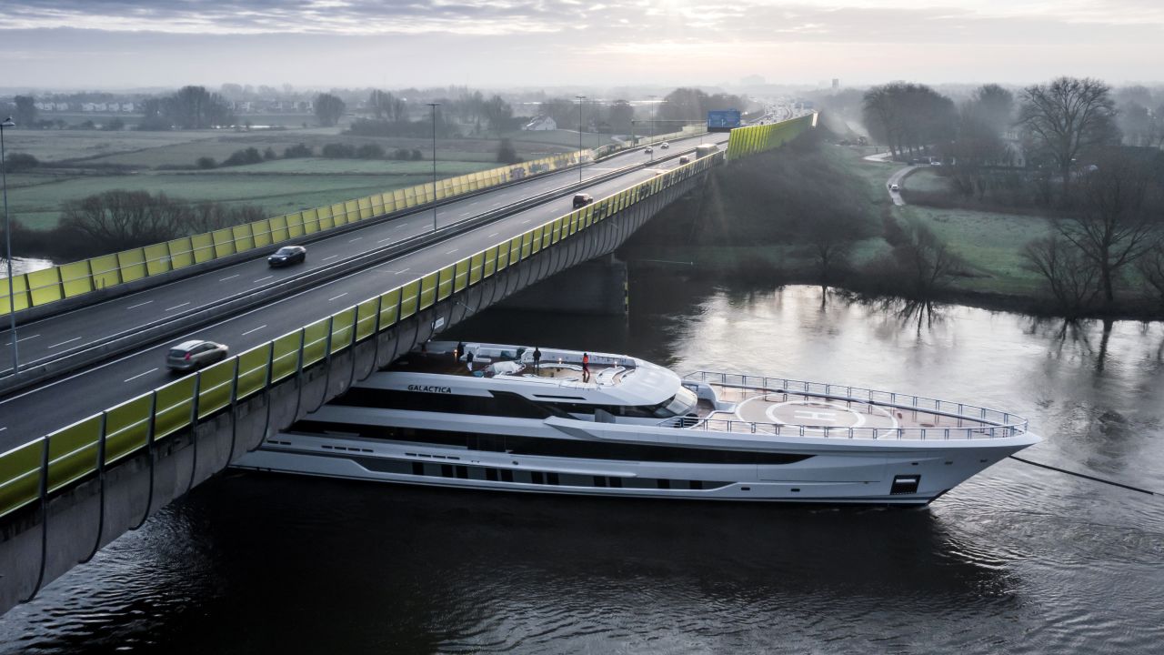 Superyacht Galactica is transported from the Heesen shipyard in southern Netherlands town Oss to the North Sea.