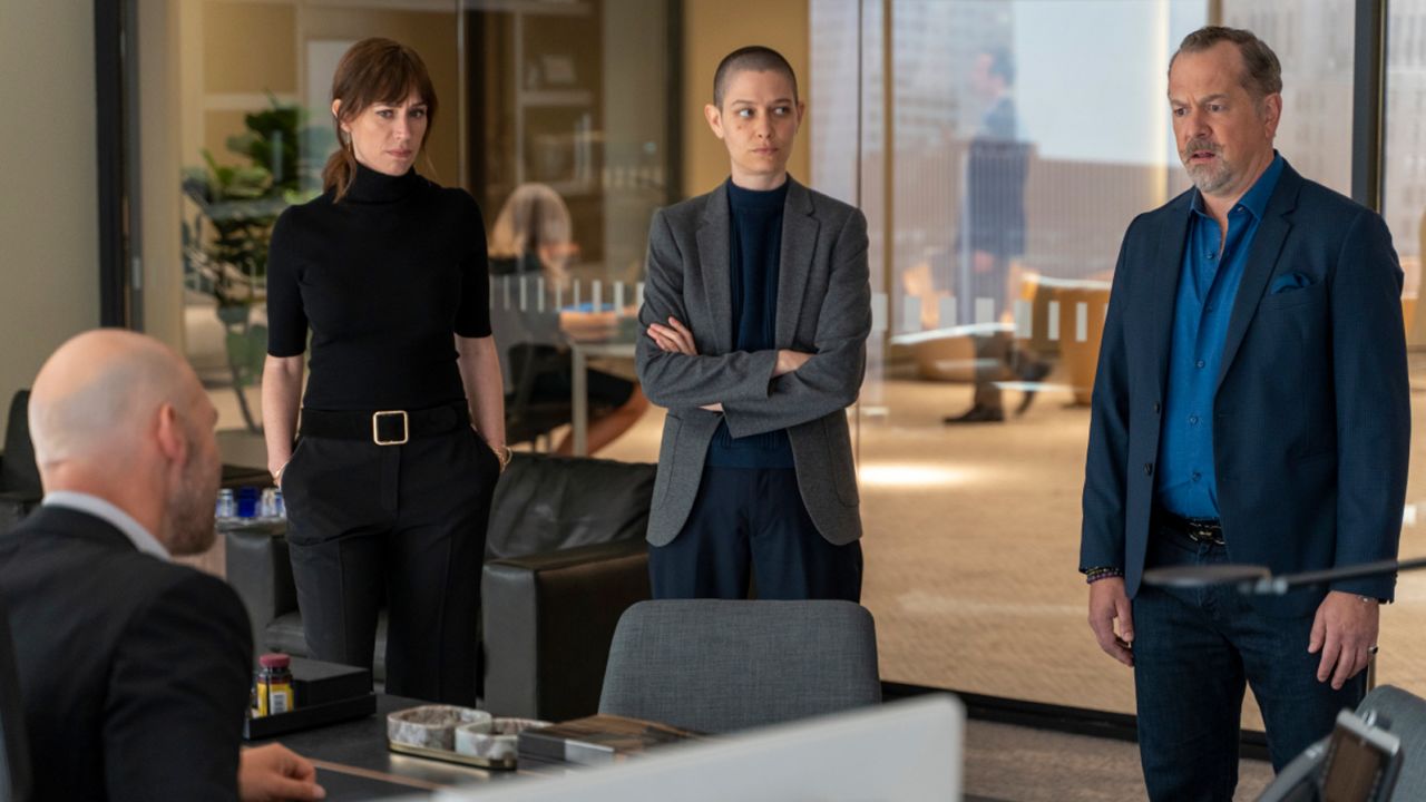 Maggie Siff as Wendy Rhoades, Asia Kate Dillon as Taylor Mason and David Costabile as Mike "Wags" Wagner in "Billions."