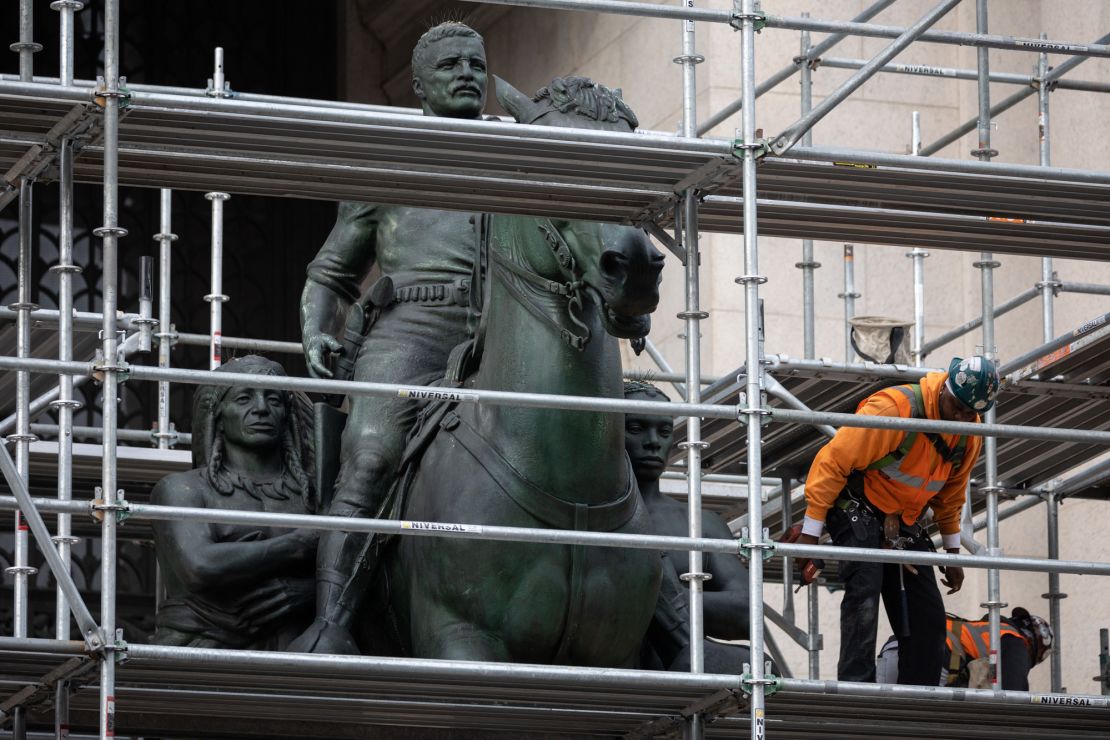 In this photo from December 2, 2021, construction workers begin removing the Theodore Roosevelt statue.