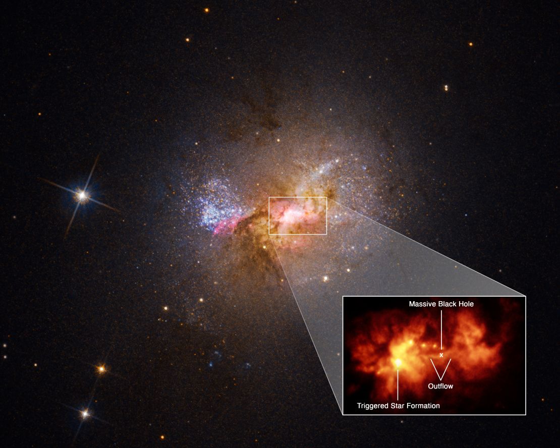 A detailed look at the center of the galaxy shows an umbilical cord of gas 230 light-years long, connecting the galaxy's black hole and a star-forming region. 