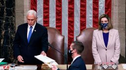 Vice President Mike Pence and House Speaker Nancy Pelosi preside over a Joint session of Congress to certify the 2020 Electoral College results after supporters of President Donald Trump stormed the Capitol earlier in the day on Capitol Hill in Washington, DC on January 6, 2021.