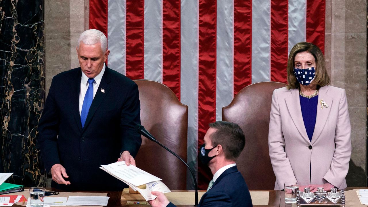 Vice President Mike Pence and House Speaker Nancy Pelosi preside over a Joint session of Congress to certify the 2020 Electoral College results after supporters of President Donald Trump stormed the Capitol earlier in the day on January 6, 2021.