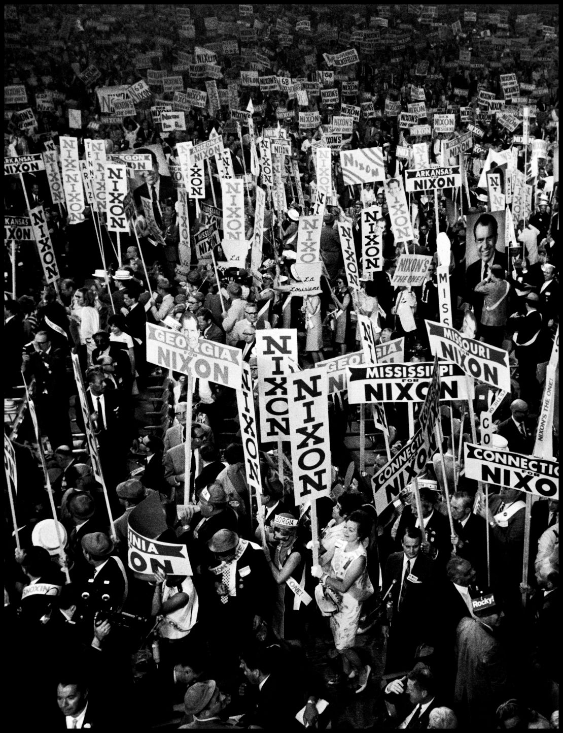 An Elliott Erwitt photo showing support for Nixon at the 1968 Republican Convention in Miami. "Erwitt has been to a lot of presidential inaugurations with a great deal of wit, and his wit is something that I think helps in terms of how we read his images," Wright said.