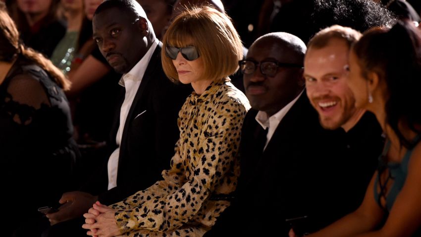 LONDON, ENGLAND - SEPTEMBER 14: Anna Wintour and Edward Enninful watch from the front row during the Fashion For Relief catwalk show London 2019 at The British Museum on September 14, 2019 in London, England. (Photo by Stuart C. Wilson/Getty Images)