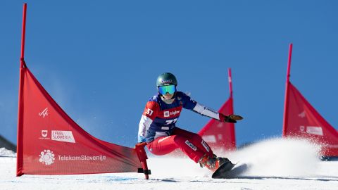 ROGLA, SLOVENIA - MARCH 02: Patrizia Kummer of Switzerland during the Women's Parallel Slalom qualification at the FIS Snowboard Alpine World Championships on March 2, 2021 in Rogla, Slovenia. (Photo by Jurij Kodrun/Getty Images)