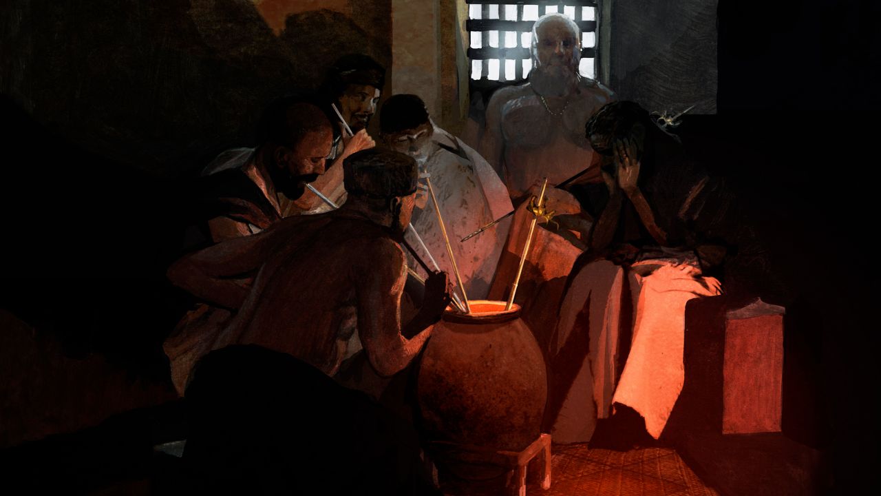 This re-creation shows how researchers believe long drinking straws were used more than 5,000 years ago.