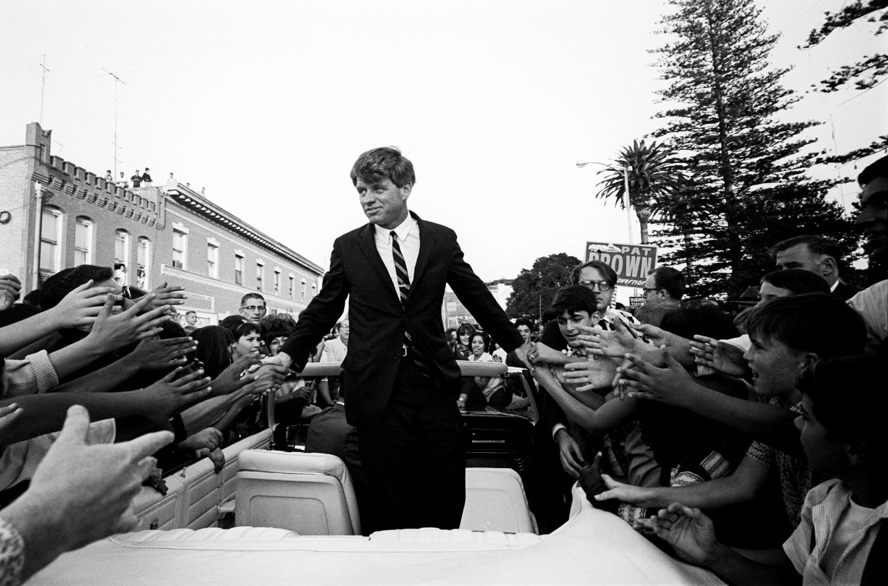 Robert F. Kennedy campaigns in California in 1967. He was assassinated shortly after winning the state's Democratic primary in June 1968.