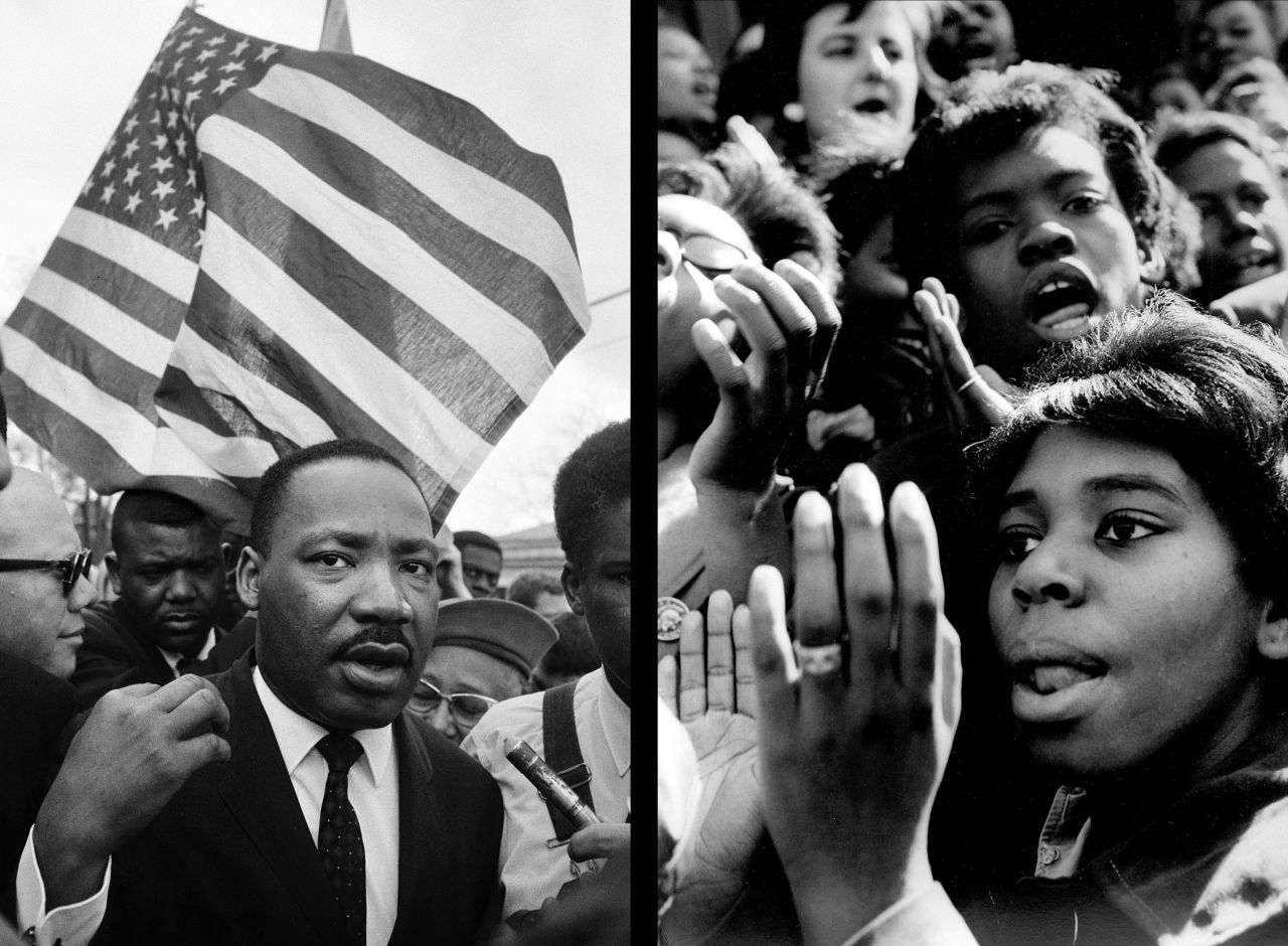 At left, Martin Luther King Jr. speaks in Selma, Alabama, in 1965. Selma demonstrators are seen on the right.