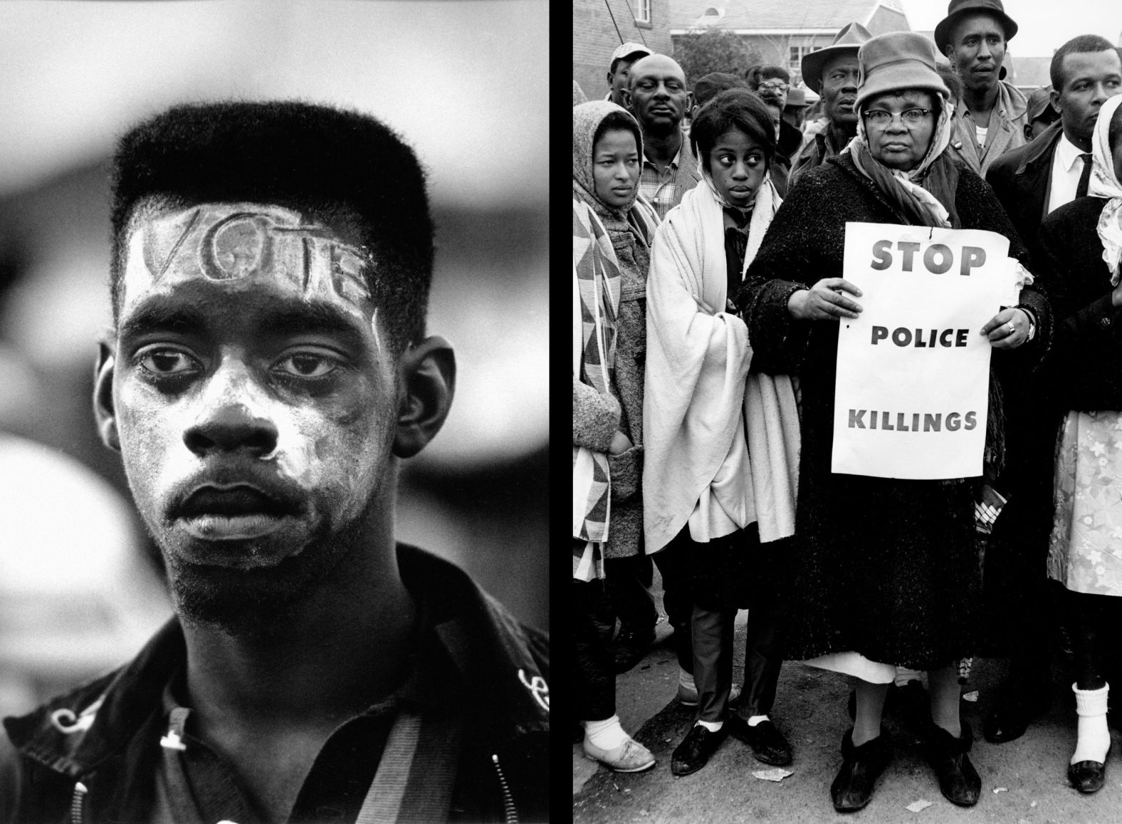 At left, a young activist wears white face paint reading "vote" as he takes part in a Selma to Montgomery march in 1965. At right, a woman at the march holds a sign that says "stop police killings." Schapiro's civil rights photos "bring us an intimacy and stillness that connect us profoundly with their subjects," Ahern said. "He made photos that informed, but he also made us <em>feel</em> — a byproduct of his remarkable talent but also of his own activism and point of view."