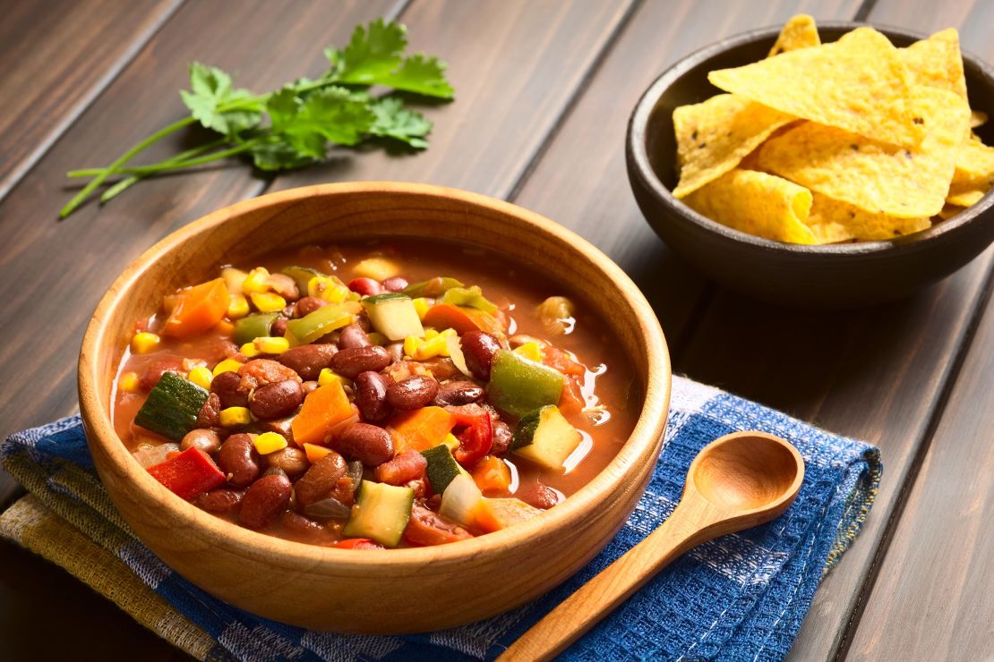 Make a vegetarian chili jam-packed with a rainbow of diced veggies and serve with tortilla chips.