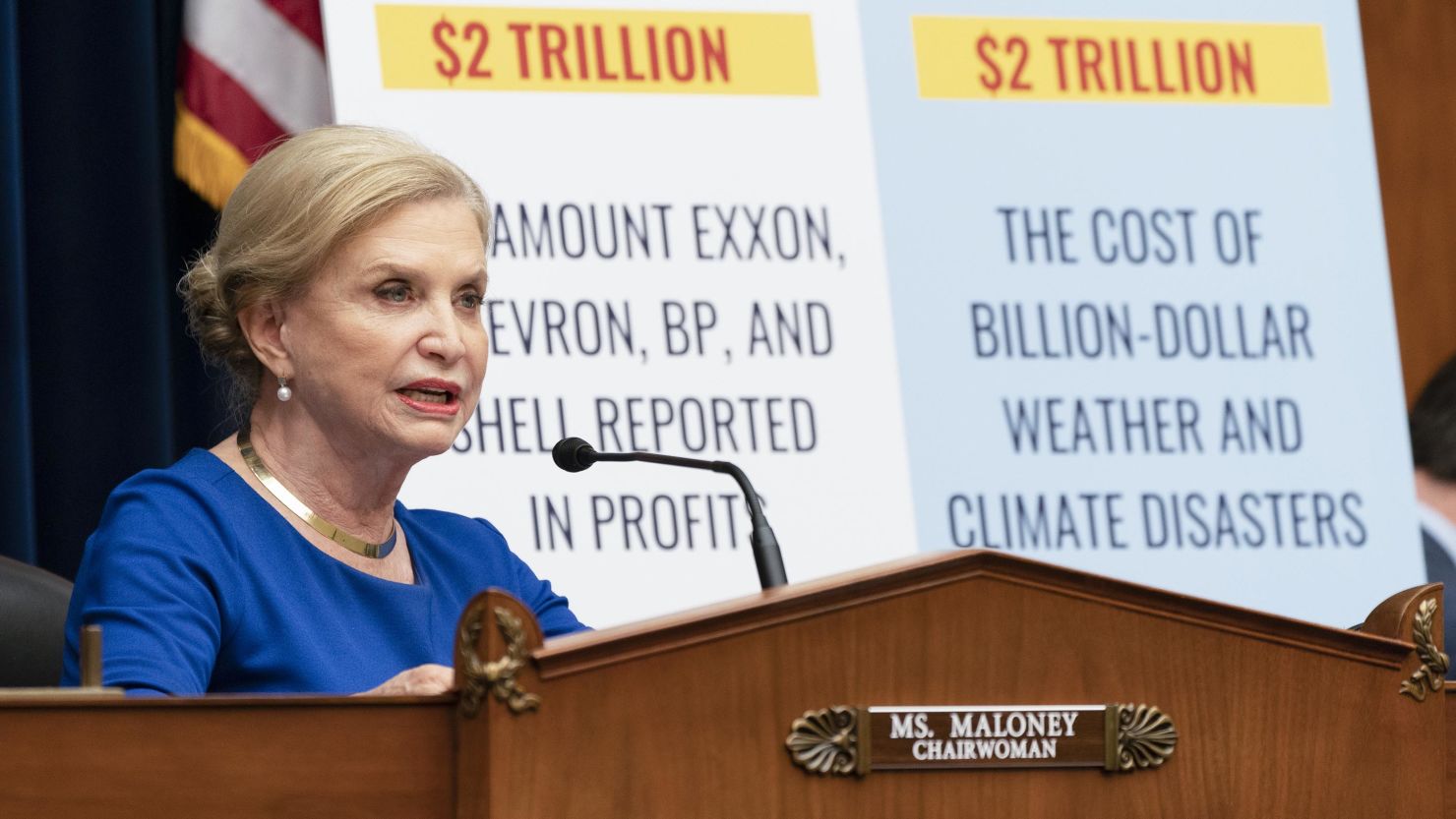 Rep. Carolyn Maloney, D-N.Y., chairwoman of the House Committee on Oversight and Reform, speaks at a committee hearing on the role of fossil fuel companies in climate change disinformation, October 28, 2021, on Capitol Hill.