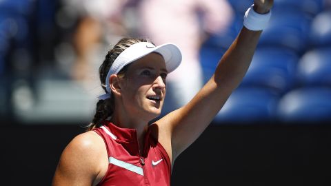 Azarenka celebrates winning her third round singles match against Elina Svitolina.