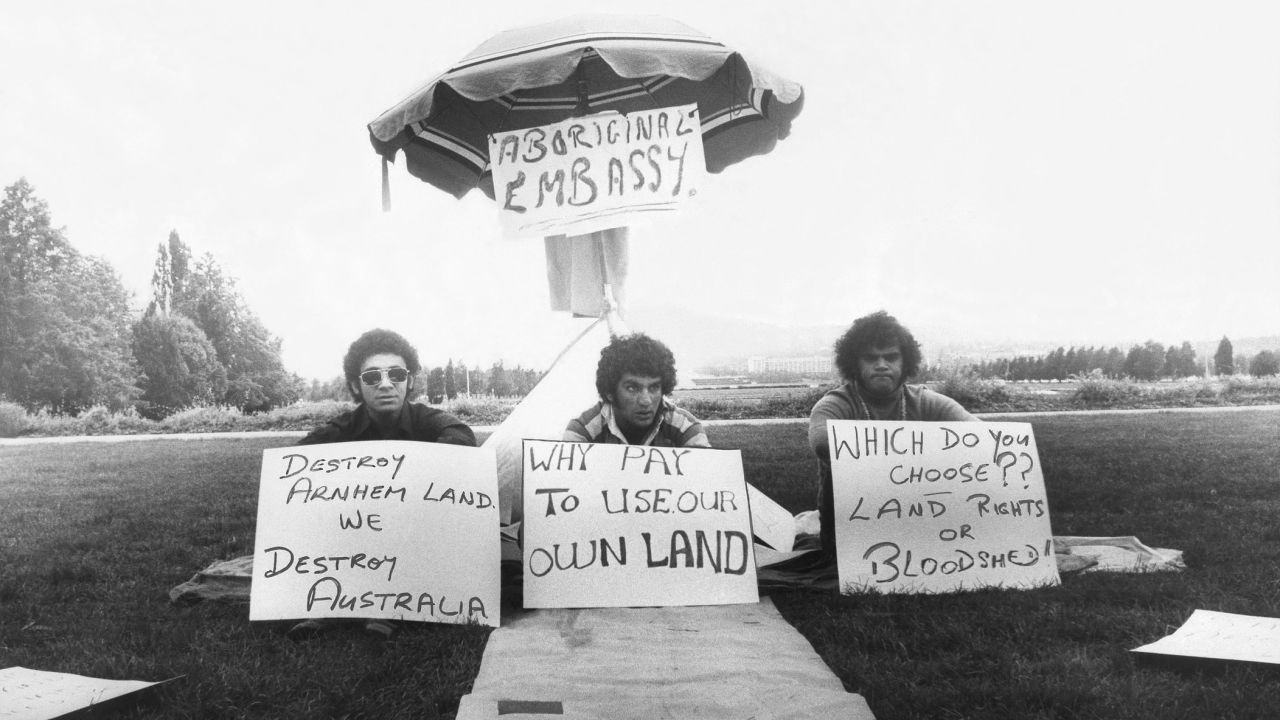 Activists Mike Anderson, Billie Cragie and Bert Williams demonstrate at the Aboriginal Tent Embassy on the lawns of Parliament House, Canberra, in 1972.