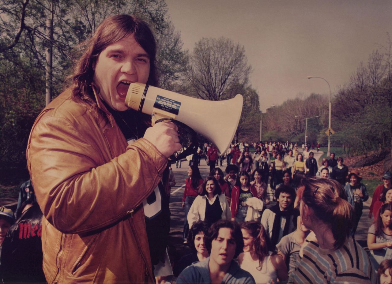 Meat Loaf speaks into a bullhorn in 1977 in Los Angeles.