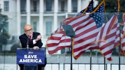 US President Donald Trump's personal lawyer Rudy Giuliani speaks to supporters from The Ellipse near the White House on January 6, 2021, in Washington, DC. - Thousands of Trump supporters, fueled by his spurious claims of voter fraud, are flooding the nation's capital protesting the expected certification of Joe Biden's White House victory by the US Congress. (Photo by Brendan Smialowski / AFP) (Photo by BRENDAN SMIALOWSKI/AFP via Getty Images)