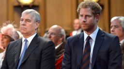 LONDON, ENGLAND - JUNE 10: Prince Andrew, Duke of York and Prince Harry during a reception at the Guildhall following the National Service of Thanksgiving for Queen Elizabeth II's 90th birthday at St Paul's Cathedral on June 10, 2016 in London, United Kingdom. (Photo by  Hannah McKay/WPA Pool/Getty Images)