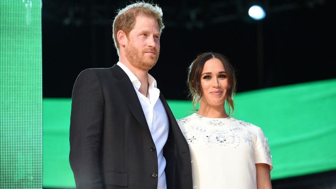 Prince Harry, Duke of Sussex, and Meghan, Duchess of Sussex, speak onstage during Global Citizen Live, New York, on September 25, 2021 in New York City.