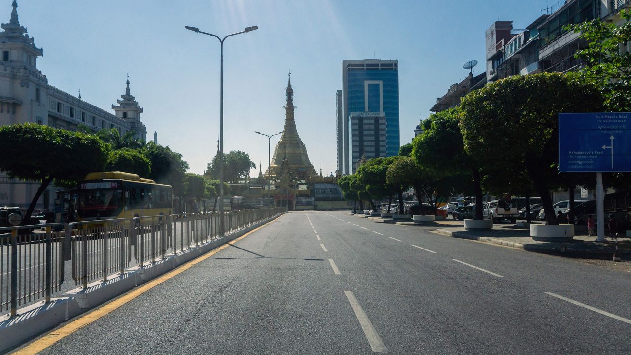 An empty street in near Sule Pagoda, Yangon on December 10 as demonstrators called for a "silent strike" in protest against the military coup.